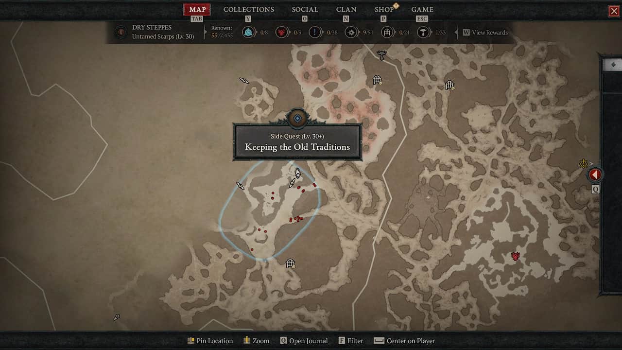 Diablo 4 Keeping The Old Traditions: The quest marker is displayed in the Dry Steppes region on a map opened by a player inside the game.