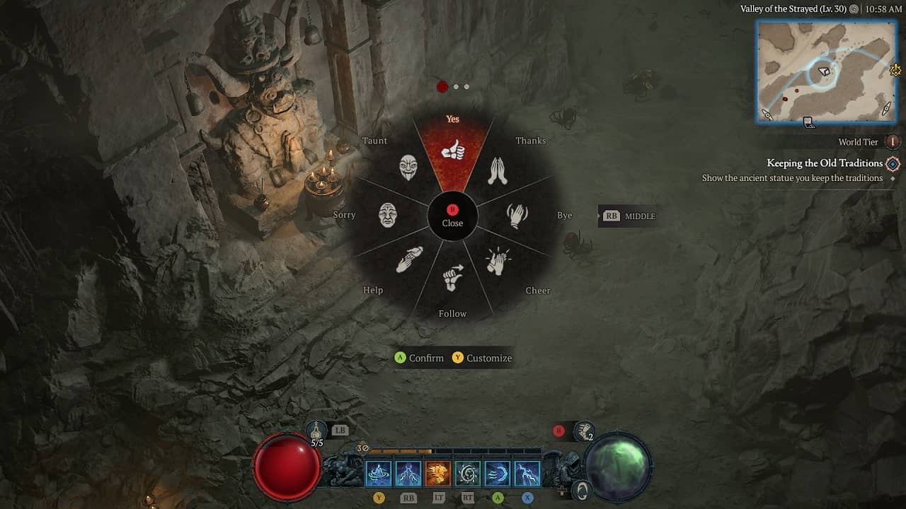 Diablo 4 Keeping The Old Traditions: A player uses the emote wheel to use the Yes emote next to a statue in the Dry Steppes to finish a quest.
