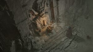 Diablo 4 Keeping The Old Traditions: A player stands next to a statue in the Dry Steppes region to complete a quest.