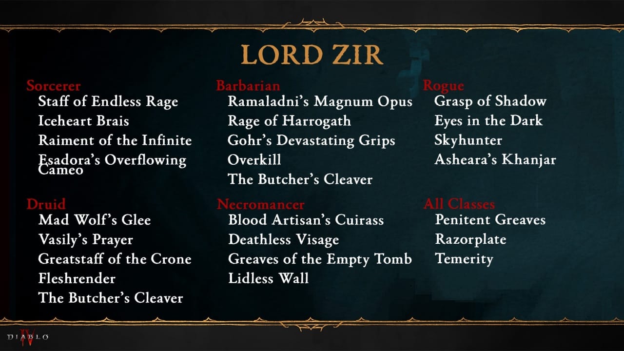 Diablo 4 Lord Zir: An image of all the unique rewards you can get from this boss.
