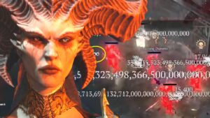 Diablo 4 Lilith in front of huge damage numbers