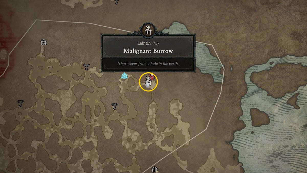 The Malignant Burrow circled on the Diablo 4 map.