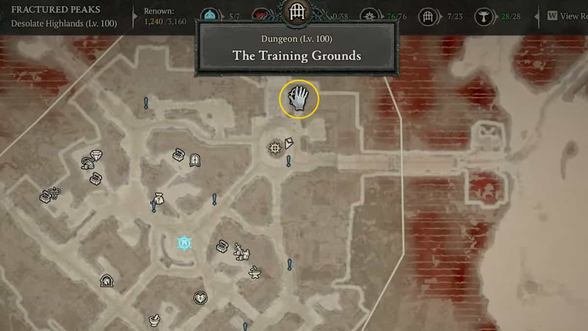 The Training Grounds on the map in Diablo 4.