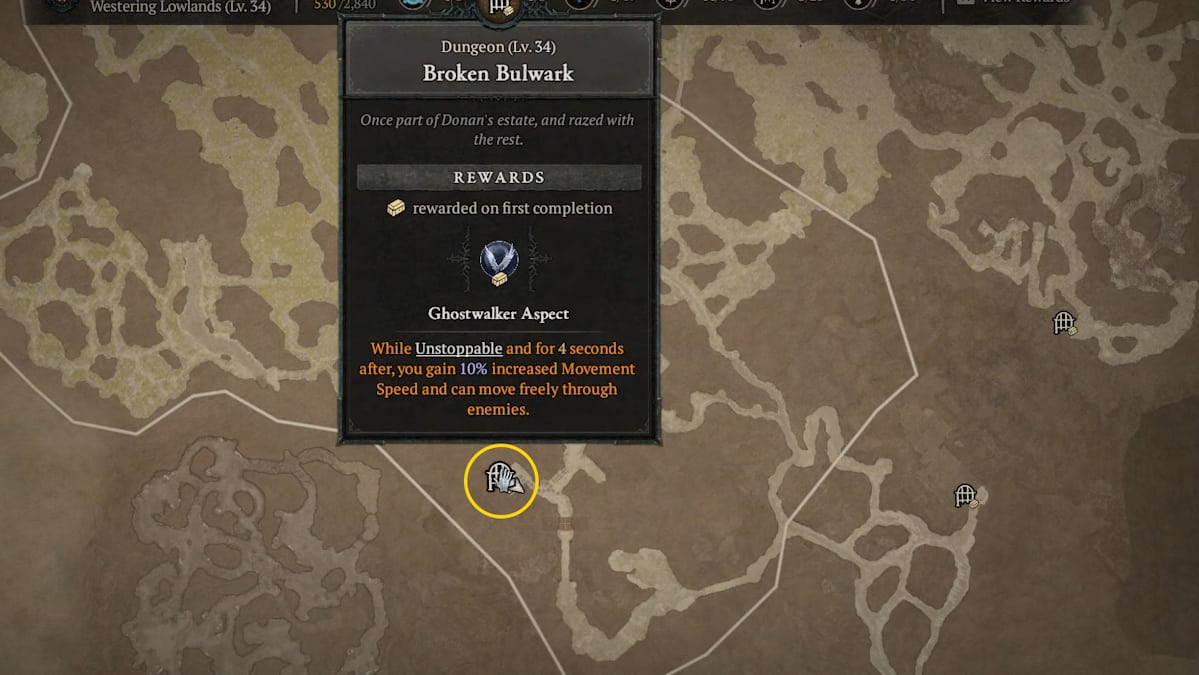 A screenshot of the Diablo 4 Broken Bulwark Dungeon location.