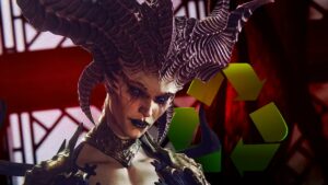 Diablo 4 Lilith standing next to a recycling logo