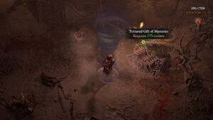 Diablo 4 mystery chest locations: An image of a player standing next to a Tortured Gift chest in a Diablo 4 Helltide.