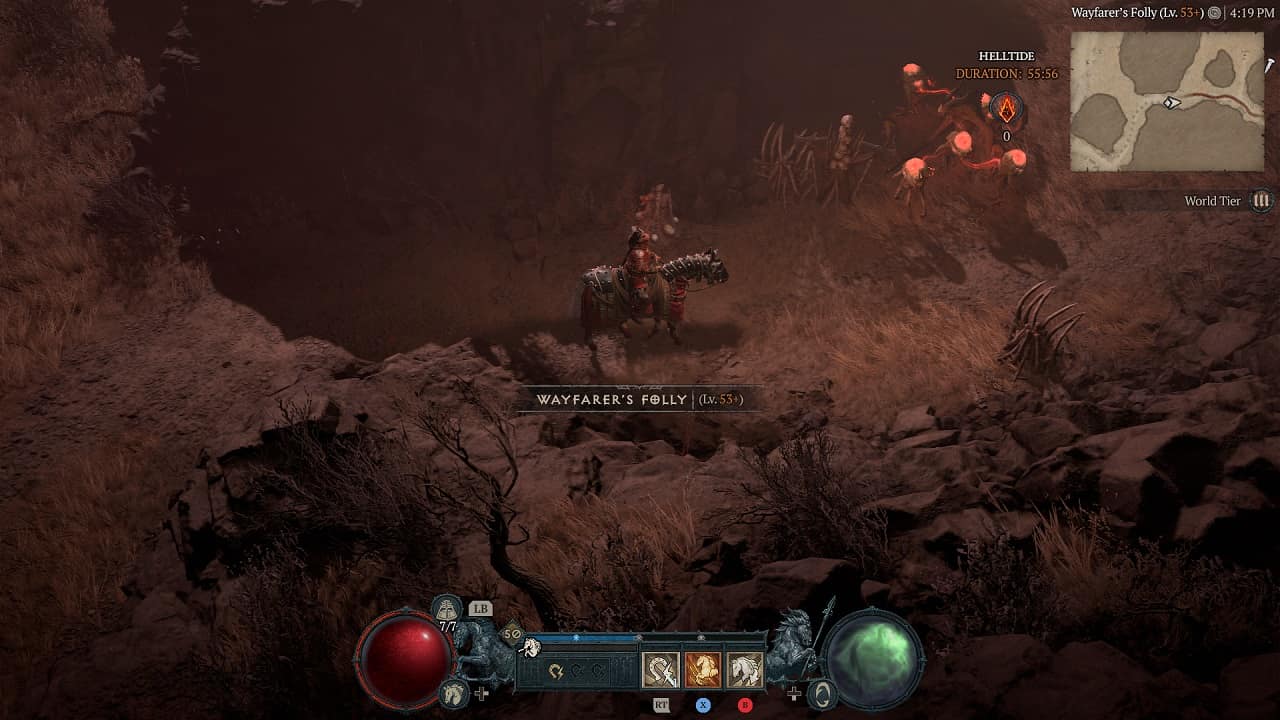 Diablo 4 mystery chest locations: An image of a player entering a Helltide on horseback in the Dry Steppes region.