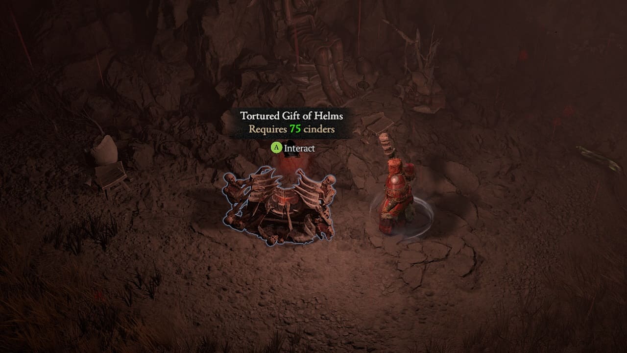 Diablo 4 mystery chest locations: An image of a player standing next to a Tortured Gift chest in a Diablo 4 Helltide.