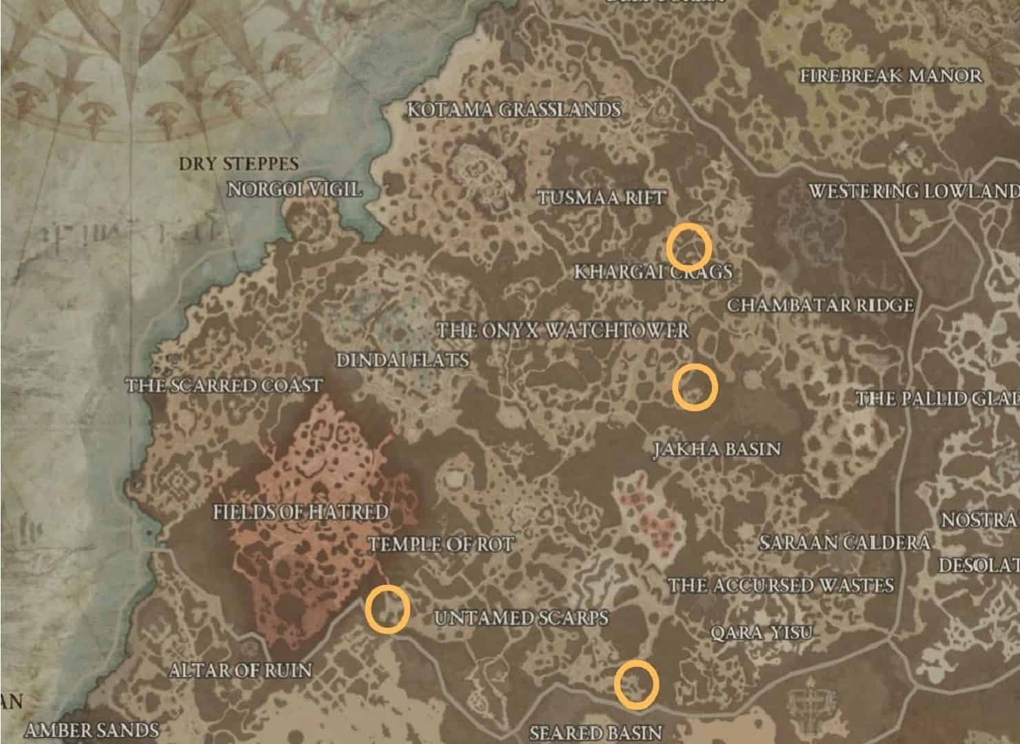 Diablo 4 mystery chest locations: An image of an in-game map with the potential Tortured Gift of Mystery chest spawn locations in Dry Steppes.