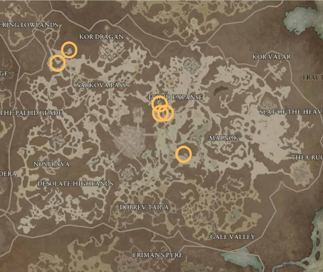 Diablo 4 mystery chest locations: An image of an in-game map with the potential Tortured Gift of Mystery chest spawn locations in Fractured Peaks.