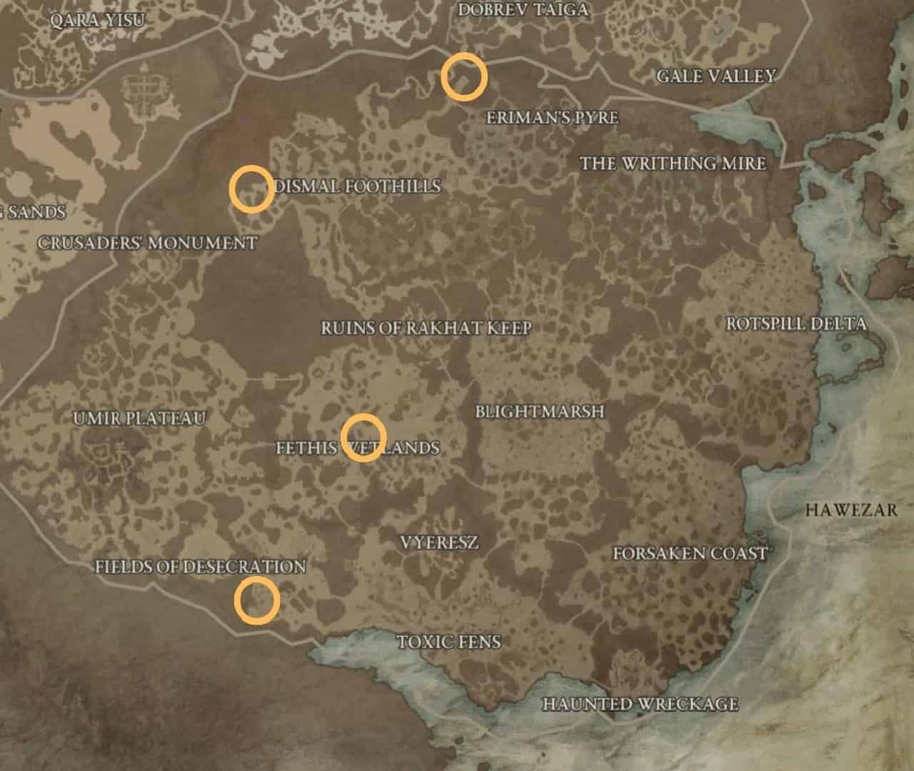 Diablo 4 mystery chest locations: An image of an in-game map with the potential Tortured Gift of Mystery chest spawn locations in Hawezar.