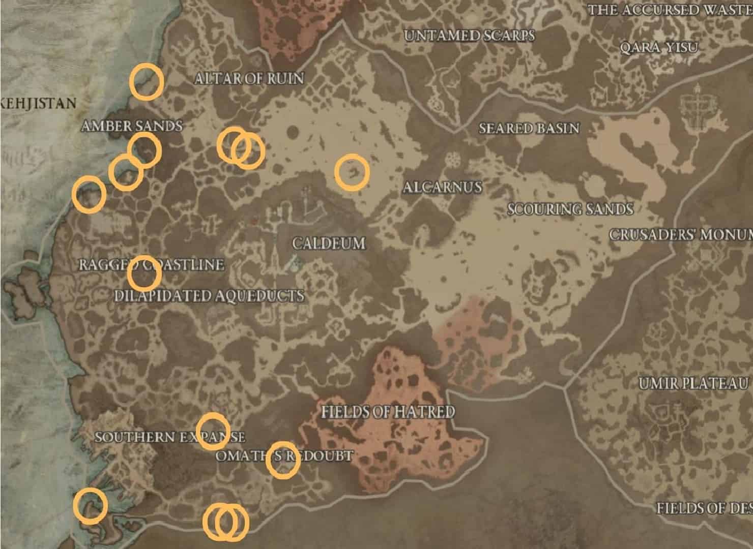 Diablo 4 mystery chest locations: An image of an in-game map with the potential Tortured Gift of Mystery chest spawn locations in Kehjistan.