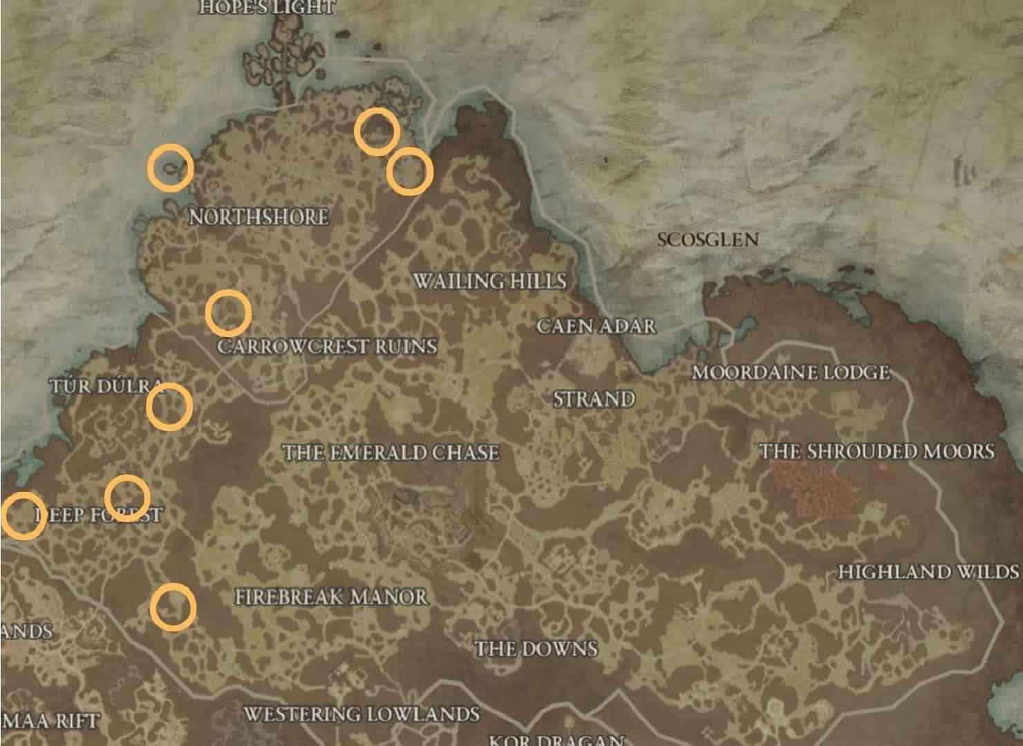 Diablo 4 mystery chest locations: An image of an in-game map with the potential Tortured Gift of Mystery chest spawn locations in Scosglen.