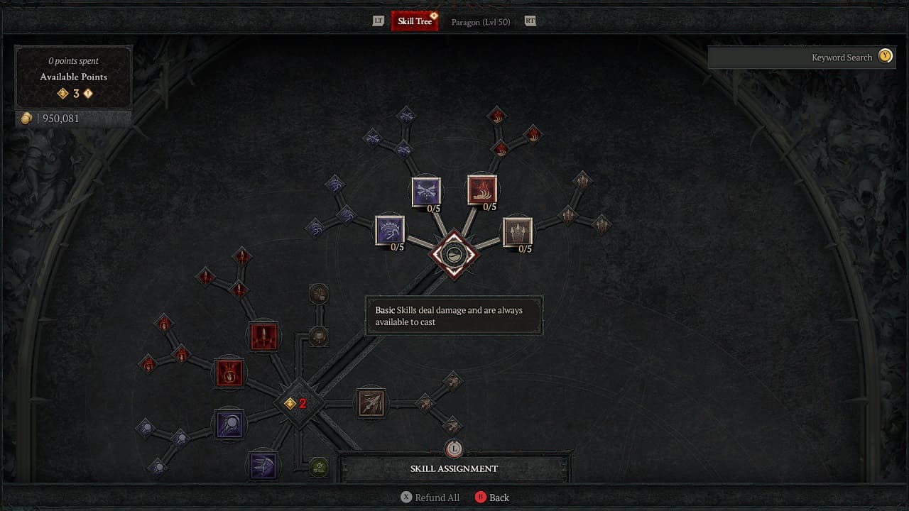 Diablo 4 Necromancer Skill tree - An image of the Necromancer's skill tree with Basic skills highlighted.