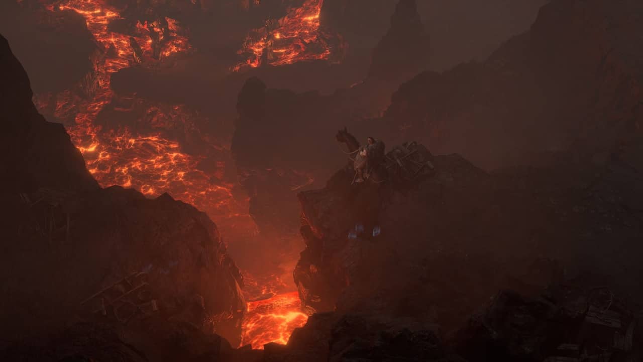 Diablo 4 Nightmare Dungeons: A player looks at a volcanic landscape.