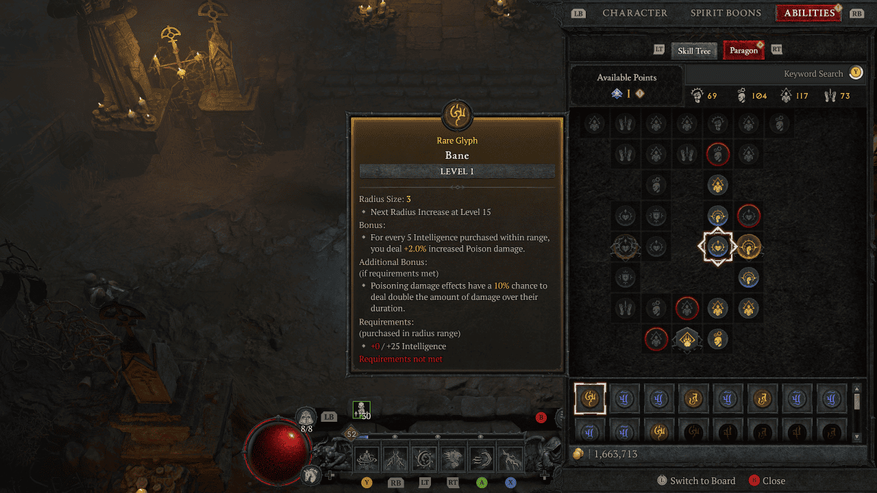Diablo 4 Paragon Glyphs: An image of the paragon board in the game with a Paragon Glyph highlighted.