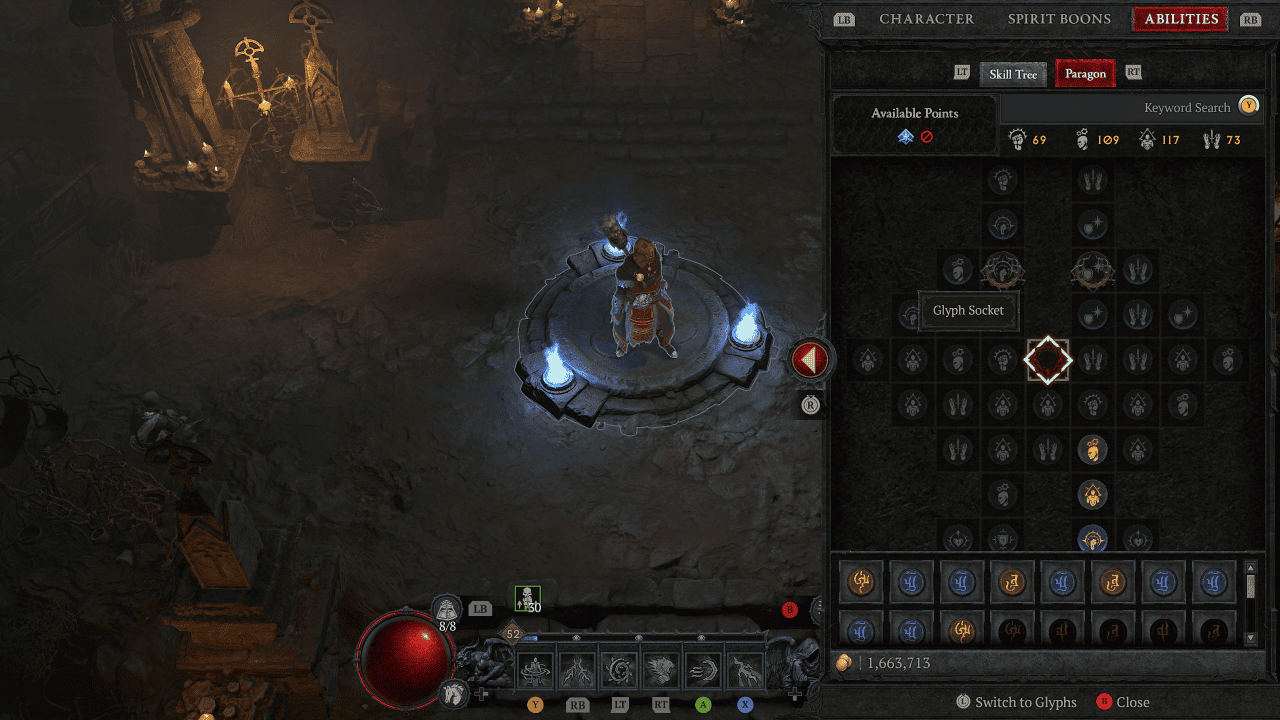 A screenshot of a Diablo 4 game screen showcasing paragon glyphs.