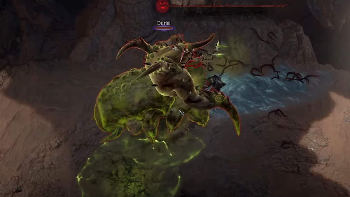 A Diablo 4 player fights the Echo of Duriel for the Blue Rose ring.