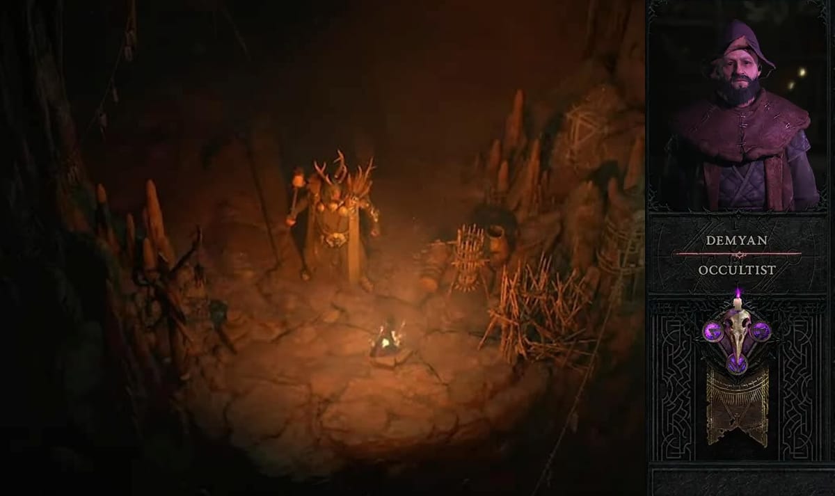Diablo 4 Nightmare Sigils: Demyan Occultist standing near a campfire in a cave.