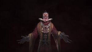 Diablo 4 Potent Blood: A vampire in a red robe standing with a dark background.