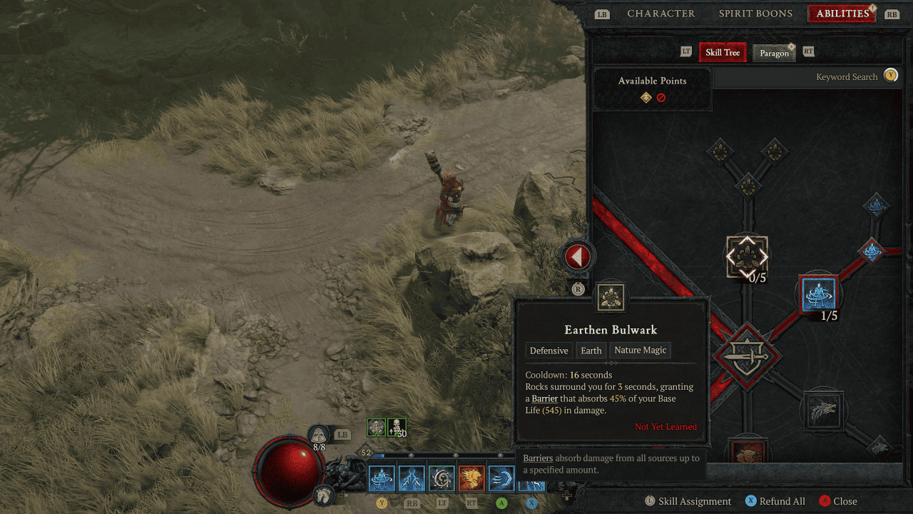 Diablo 4 Pulverize Druid build: A Druid skill tree with Earthen Bulwark highlighted.