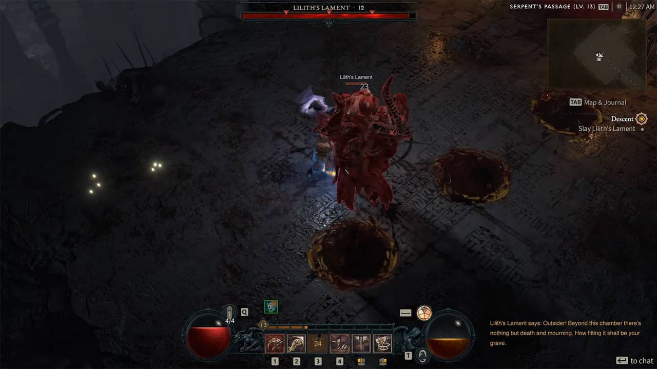 Diablo 4 quests: A player fights Lilith's Lament in Act 1 of the game.