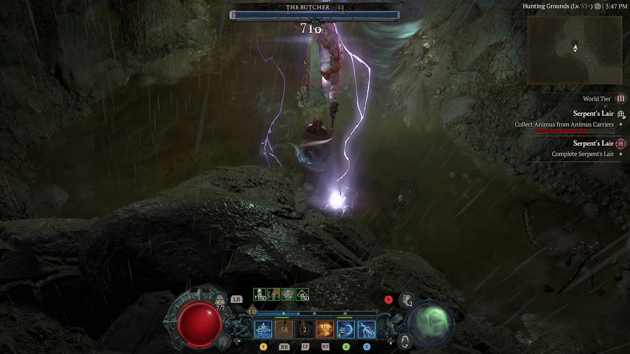 Diablo 4 how to reset dungeons: An image of the player fighting The Butcher, an enemy boss in a dungeon in the game.