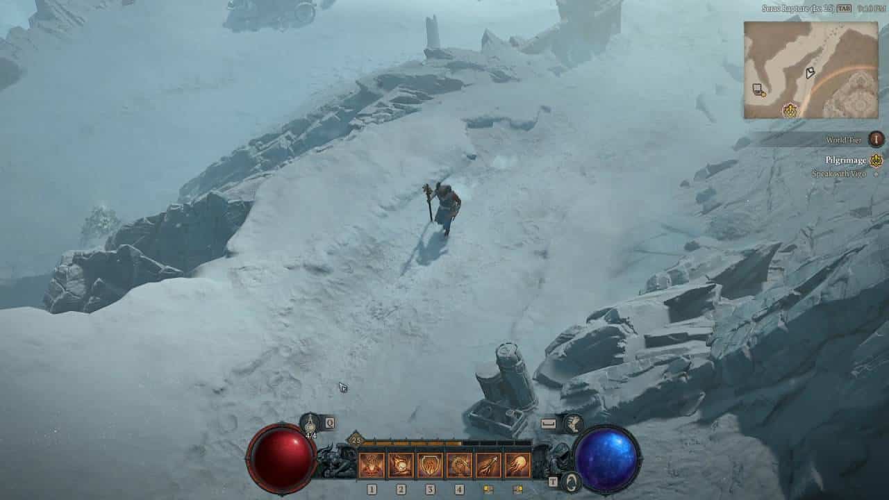 Diablo 4 review: The player walking down a snowy path with no enemies in sight.