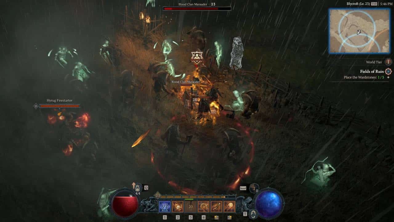 Diablo 4 review: The player fighting some Blood Clan Marauders in the pouring rain.