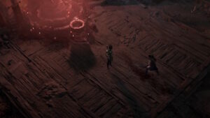 Erys and the player stand near a blood well during A Witness in the Dust quest in Diablo 4.