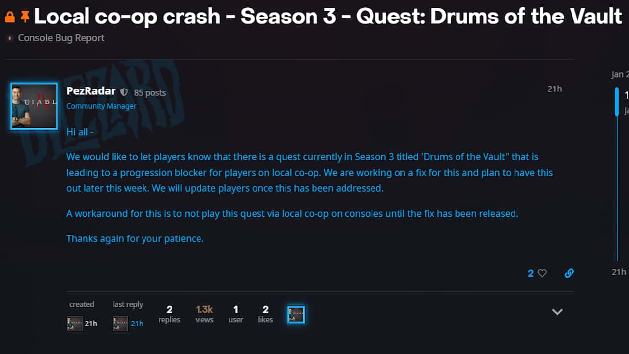A post in the Diablo 4 forums about the Drums of the Vault error