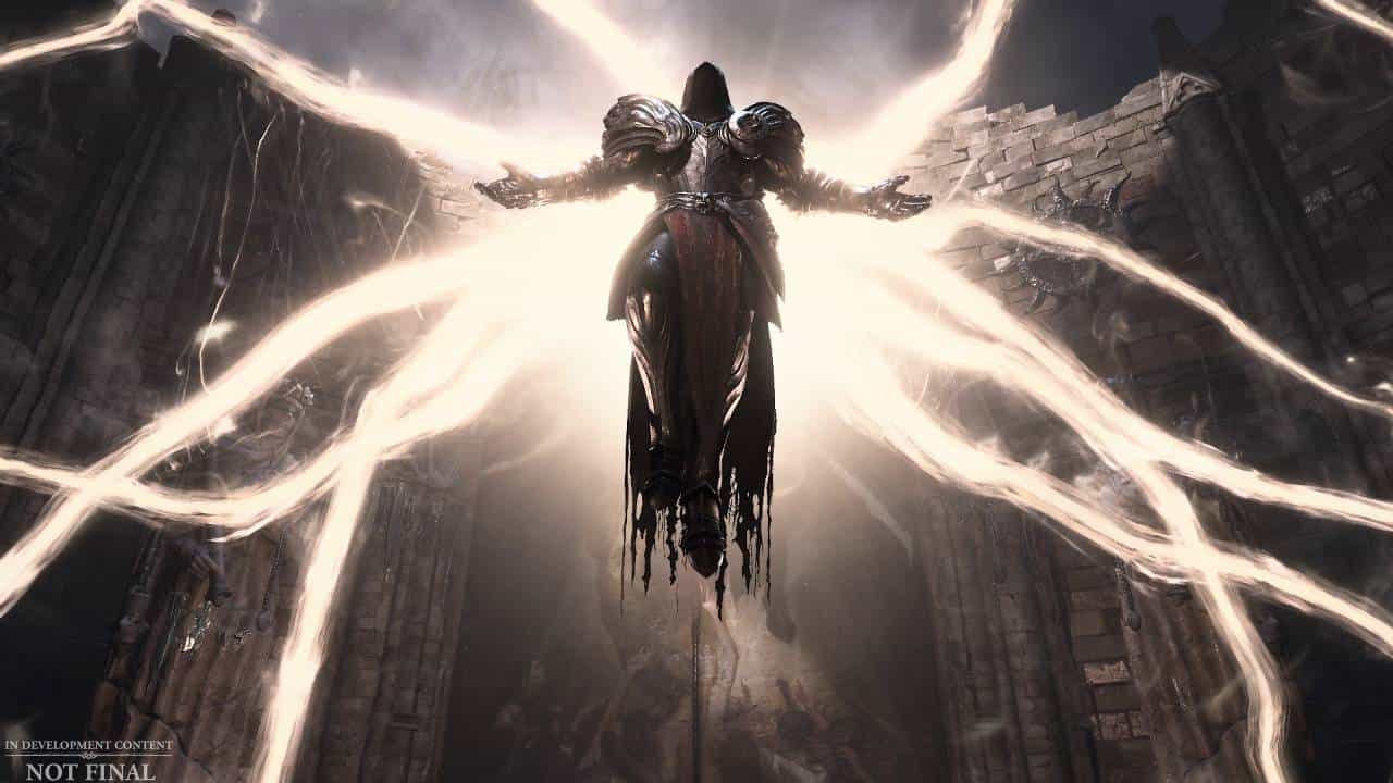 Diablo 4 Seasons interview: Inarius rising to the sky with lightning wings behind him.