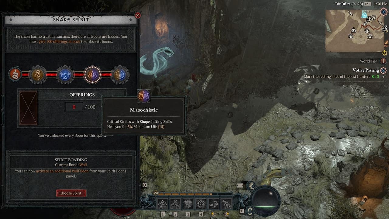 Diablo 4 Spirit Boons: The player stood by a Snake Spirit with the Spirit Boons menu open and the Masochistic boon highlighted.