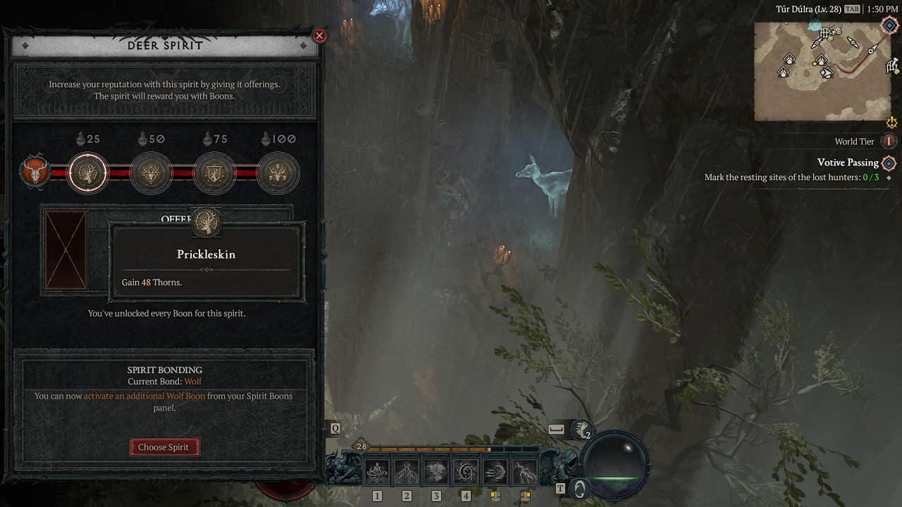 Diablo 4 Spirit Boons: The player stood by a Deer Spirit with the Spirit Boons menu open and the Prickleskin boon highlighted.