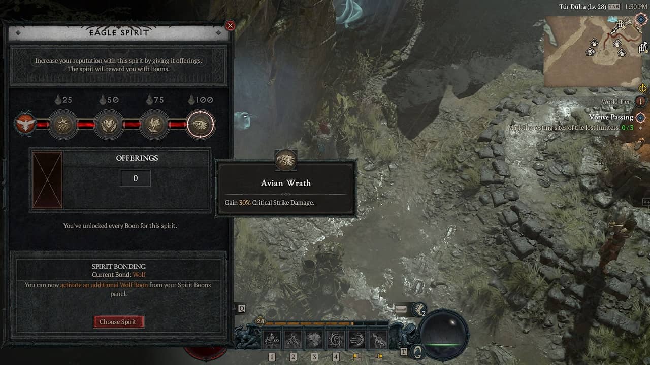 Diablo 4 Spirit Boons: The player stood by a Eagle Spirit with the Spirit Boons menu open and the Avian Wrath boon highlighted.