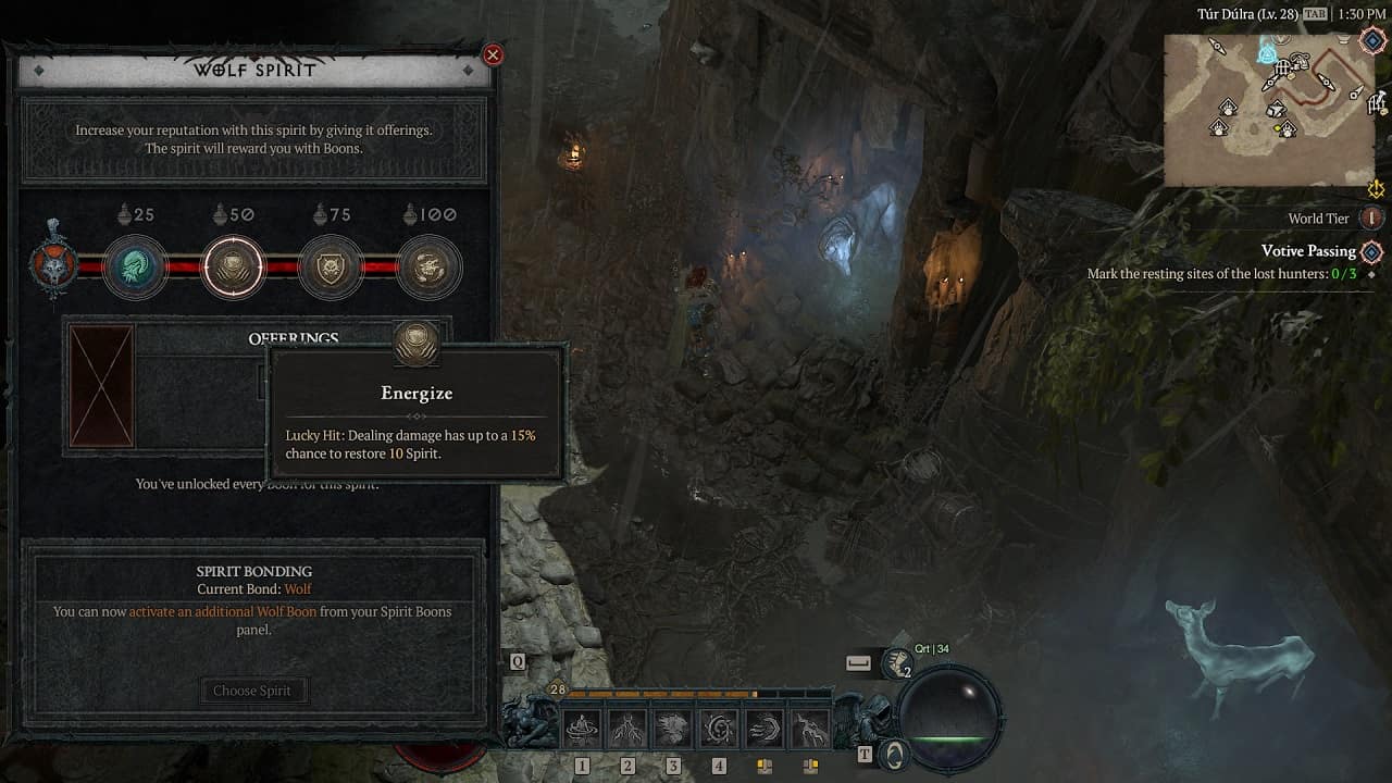 Diablo 4 Spirit Boons: The player stood by a Wolf Spirit with the Spirit Boons menu open and the Energize boon highlighted.