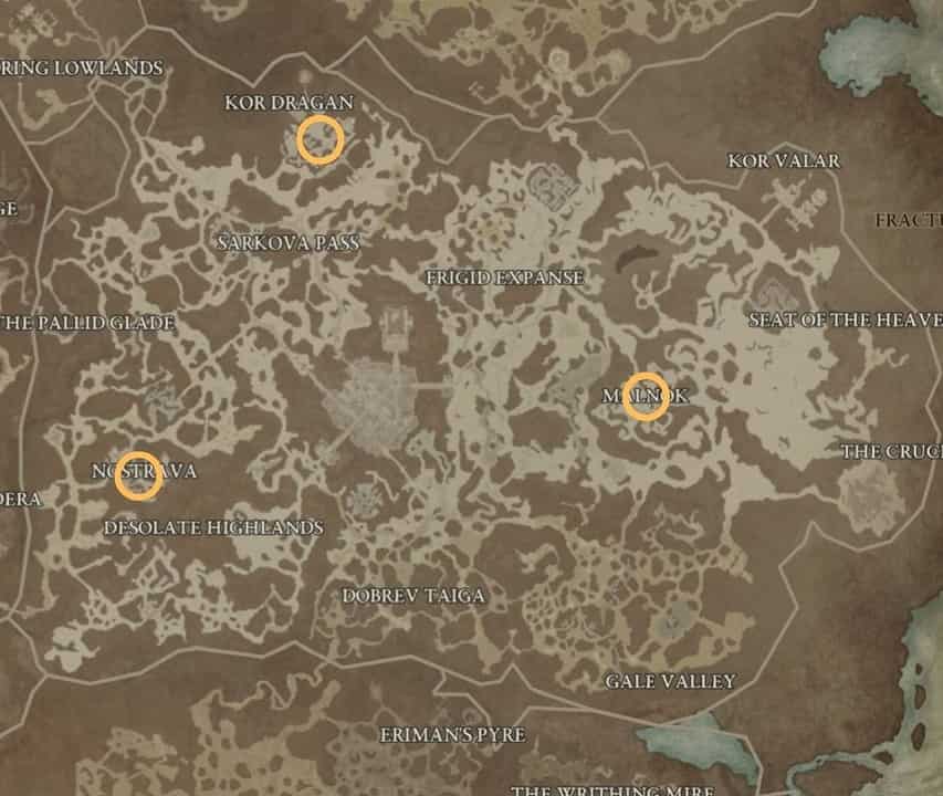 Diablo 4 Strongholds: An image of the in-game map of Diablo 4 with the Fractured Peaks strongholds highlighted.