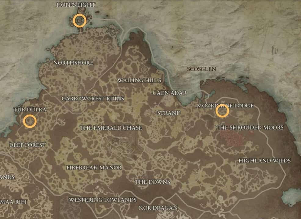 Diablo 4 Strongholds: An image of the in-game map of Diablo 4 with the Scosglen strongholds highlighted.