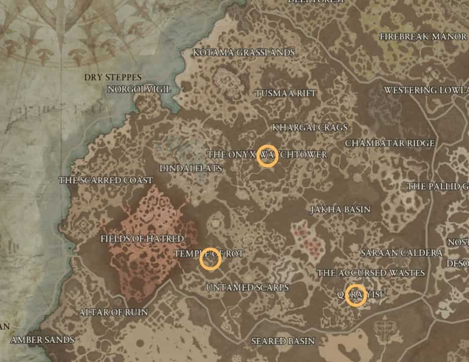 Diablo 4 Strongholds: An image of the in-game map of Diablo 4 with the Dry Steppes strongholds highlighted.