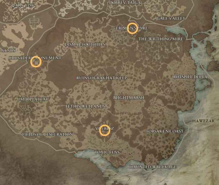 Diablo 4 Strongholds: An image of the in-game map of Diablo 4 with the Hawezar strongholds highlighted.
