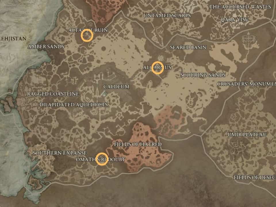 Diablo 4 Strongholds: An image of the in-game map of Diablo 4 with the Kehjistan strongholds highlighted.