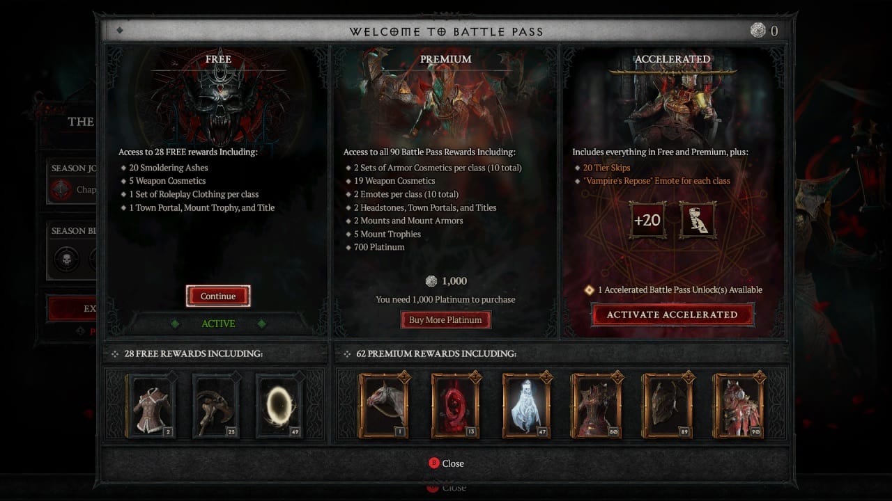 Diablo 4 tier skips: An image of a player checking their battle pass.