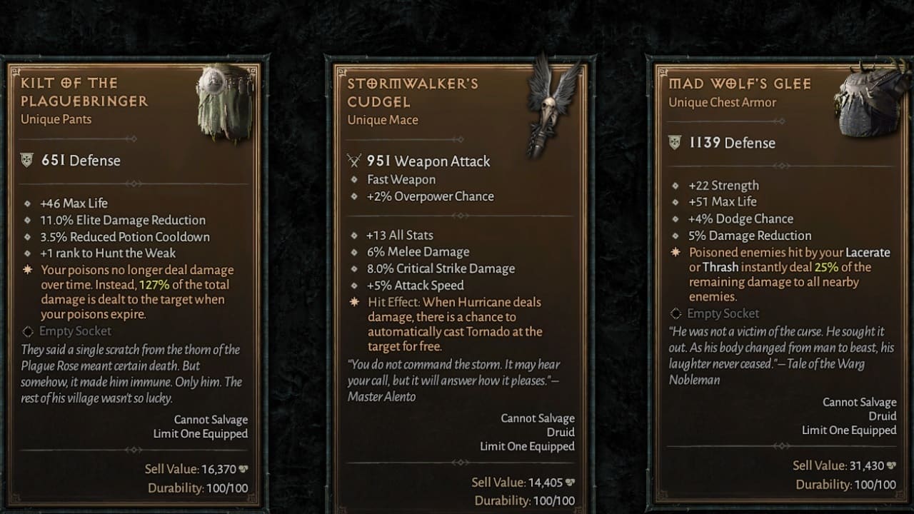 Diablo 4 uber unique items: An image of unique items in the game.