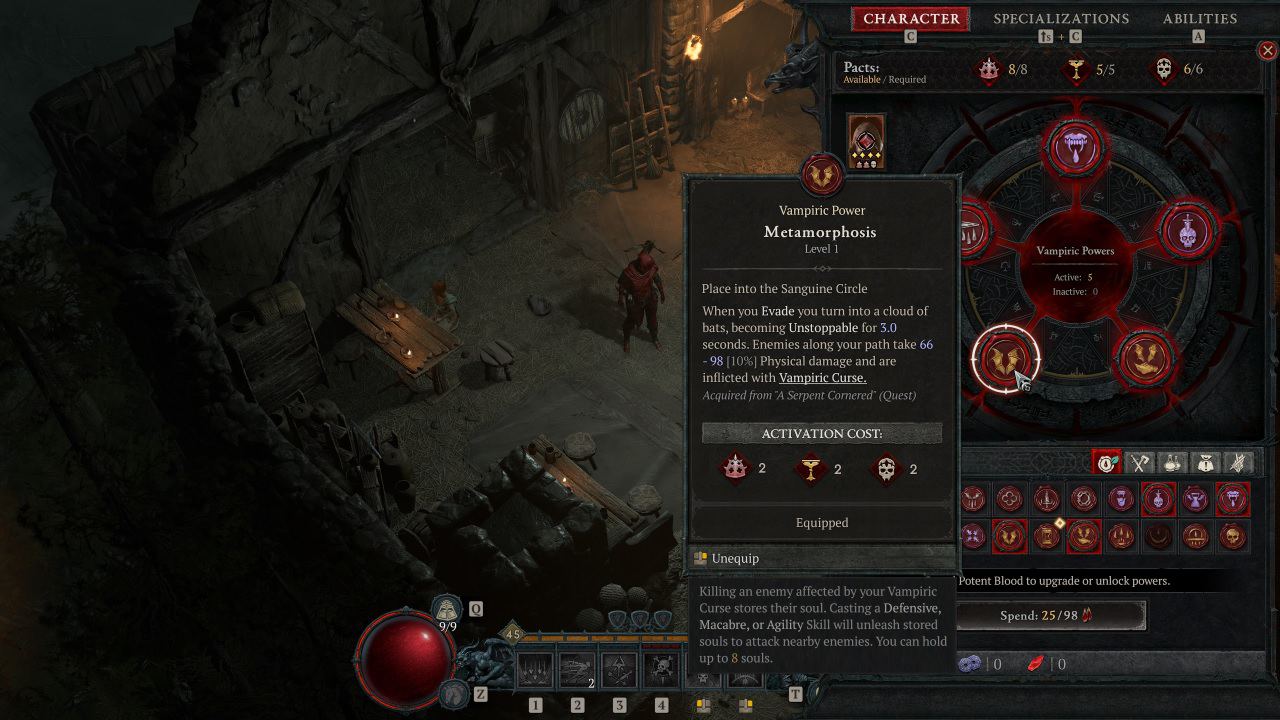 Diablo 4 Vampiric pact armour: An image of a player checking their vampiric powers in the character tab.