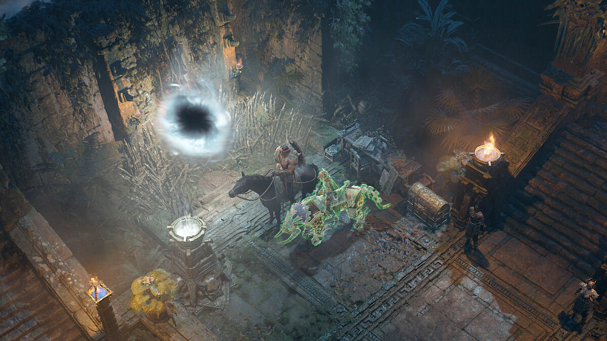 Diablo 4 Vessel of Hatred Kurast Undercity: Spiritborn and Raheir next to a portal.