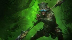 A man in beast armor stands menacingly in a jungle