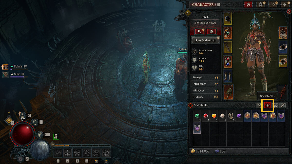 Diablo 4 Vessel of Hatred Runewords: Socketables menu in the inventory.
