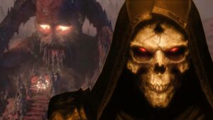 A Diablo skeleton standing in front of Path of Exile 2 gameplay