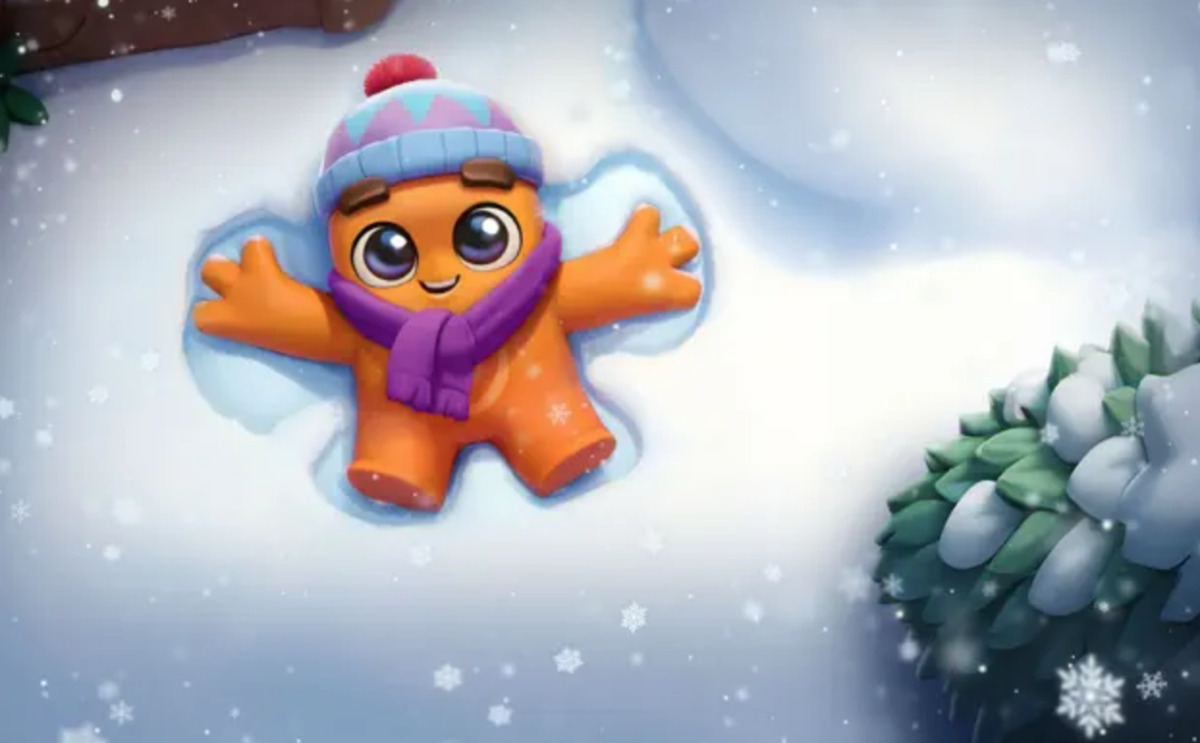 Dice Dreams free rolls: orange creature making a snow angel in the snow.