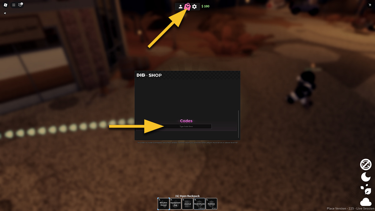 Image of the Shop window in Dig on Roblox, with arrows pointing at the Shop icon at the top, and at the code input text box.